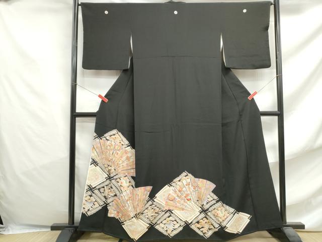 平和屋着物■豪華黒留袖 駒刺繍 扇面花鳥文 金彩 正絹 逸品 DABF4770qa