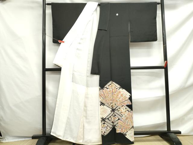 平和屋着物■豪華黒留袖 駒刺繍 扇面花鳥文 金彩 正絹 逸品 DABF4770qa