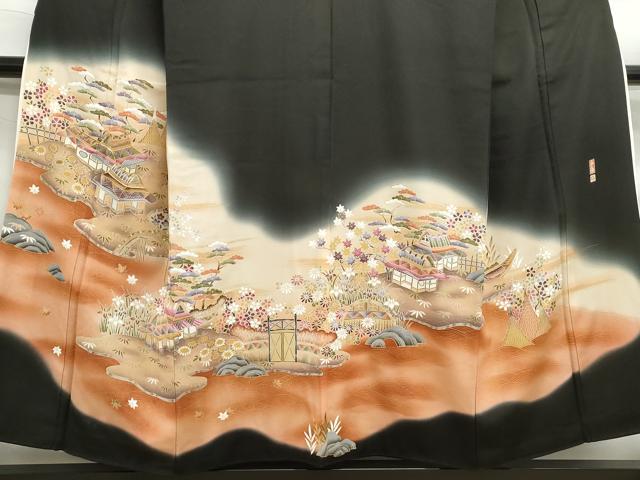 平和屋着物■豪華黒留袖　作家物　駒刺繍　渡橋風景花文　暈し染め　金彩　正絹　逸品　DABF4816qa