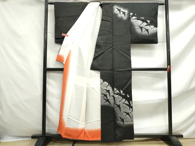 平和屋着物■訪問着　霞群鶴文　黒地　洗える着物　DABF4823qa