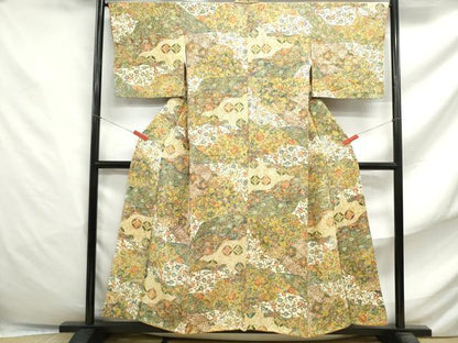 平和屋着物■上質な小紋　型染め　切嵌更紗花文　正絹　逸品　DABF4829qa