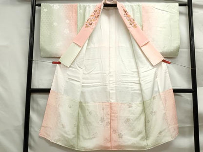 平和屋着物■長襦袢　袷　舞梅地紋　暈し染め　半衿刺繍　正絹　逸品　DABF4886qa