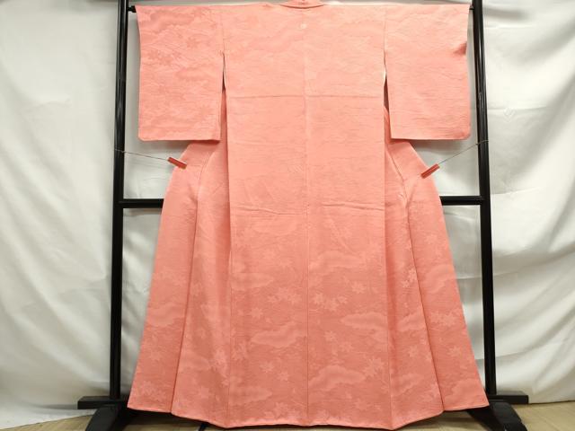 平和屋着物■上質な色無地　楓風景地紋　甚三紅色　正絹　逸品　DABF4892qa