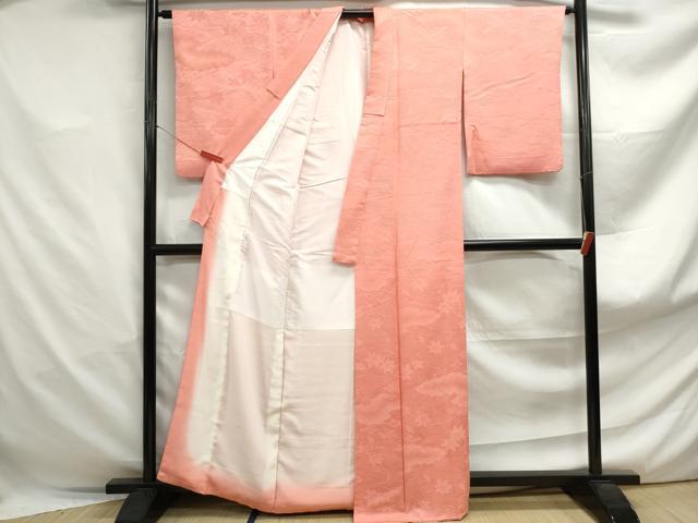 平和屋着物■上質な色無地　楓風景地紋　甚三紅色　正絹　逸品　DABF4892qa
