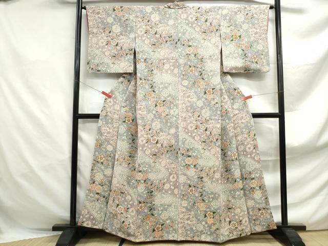 平和屋着物■上質な小紋　流水枝花文　鬼しぼ縮緬　正絹　逸品　DABF4900qa