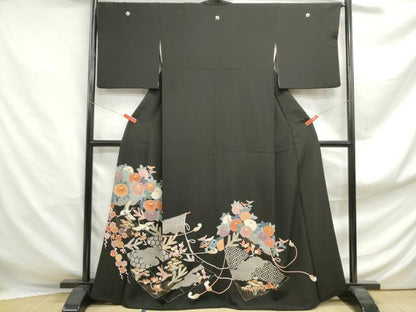 平和屋着物■豪華黒留袖　駒刺繍　飛鶴花文　金彩　正絹　逸品　DABF4908qa