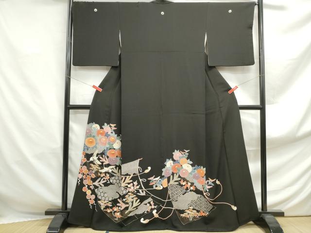 平和屋着物■豪華黒留袖　駒刺繍　飛鶴花文　金彩　正絹　逸品　DABF4908qa