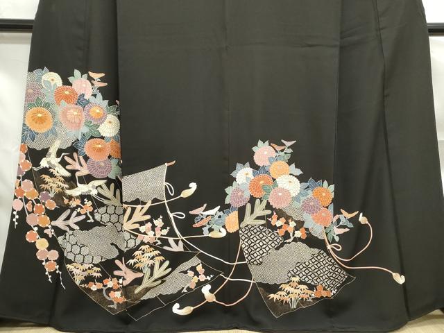 平和屋着物■豪華黒留袖　駒刺繍　飛鶴花文　金彩　正絹　逸品　DABF4908qa