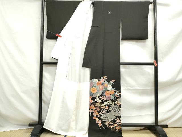 平和屋着物■豪華黒留袖　駒刺繍　飛鶴花文　金彩　正絹　逸品　DABF4908qa