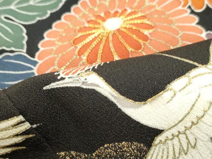 平和屋着物■豪華黒留袖　駒刺繍　飛鶴花文　金彩　正絹　逸品　DABF4908qa