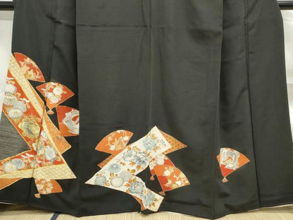 平和屋着物■豪華黒留袖　駒刺繍　扇面花鳥文　金彩　正絹　逸品　DABF4919qa