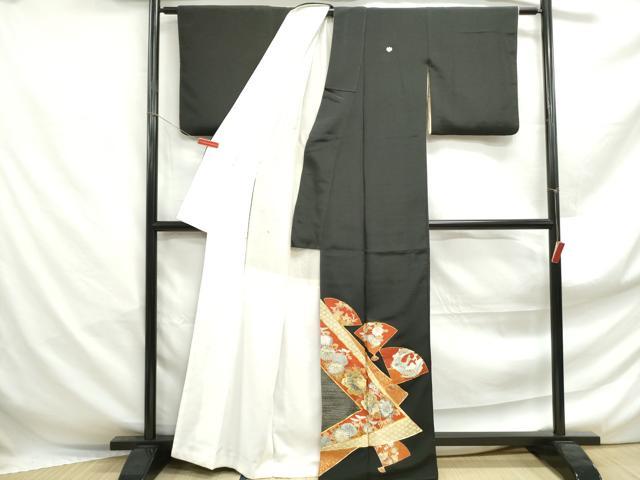 平和屋着物■豪華黒留袖　駒刺繍　扇面花鳥文　金彩　正絹　逸品　DABF4919qa