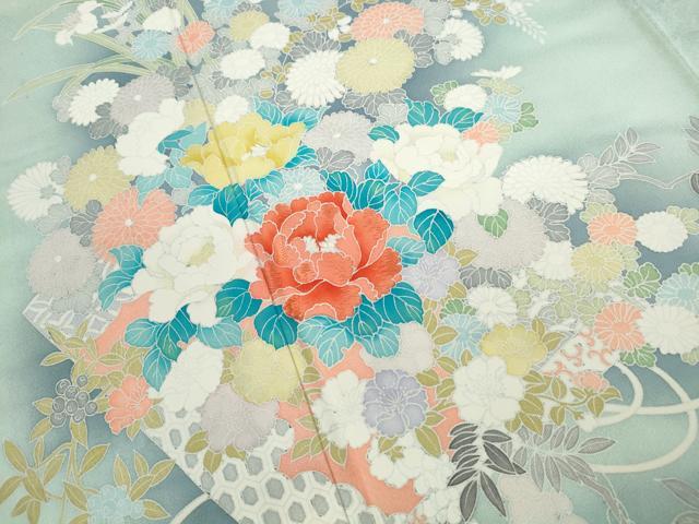 平和屋着物■訪問着　刺繍　扇面花文　暈し染め　正絹　逸品　DABF4924qa