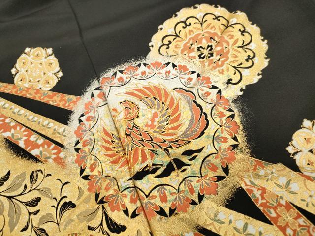 平和屋着物■豪華黒留袖　駒刺繍　向かい鳥更紗花文　金銀彩　正絹　逸品　DABF4926qa
