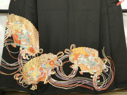 平和屋着物■豪華黒留袖 駒刺繍 扇面花鳥文 金彩 正絹 逸品 DABF4942qa
