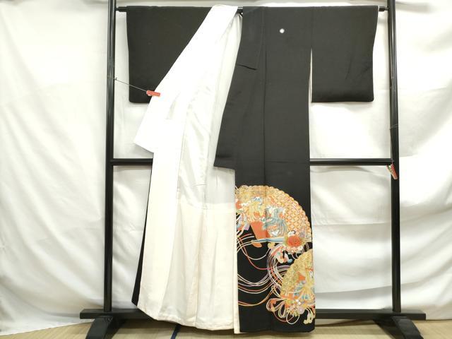 平和屋着物■豪華黒留袖 駒刺繍 扇面花鳥文 金彩 正絹 逸品 DABF4942qa