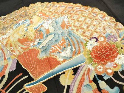 平和屋着物■豪華黒留袖 駒刺繍 扇面花鳥文 金彩 正絹 逸品 DABF4942qa