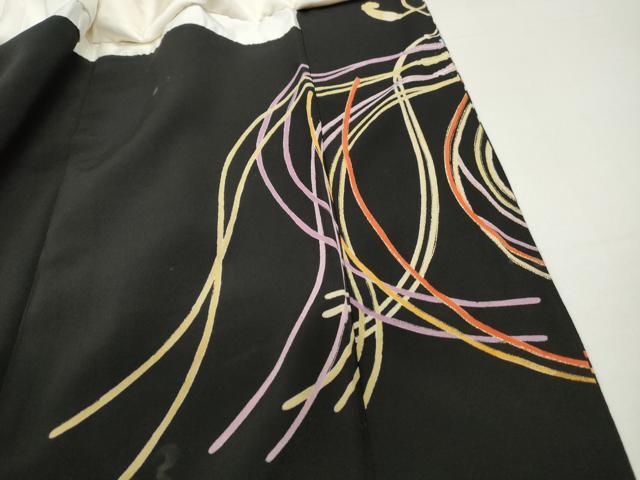 平和屋着物■豪華黒留袖 駒刺繍 扇面花鳥文 金彩 正絹 逸品 DABF4942qa