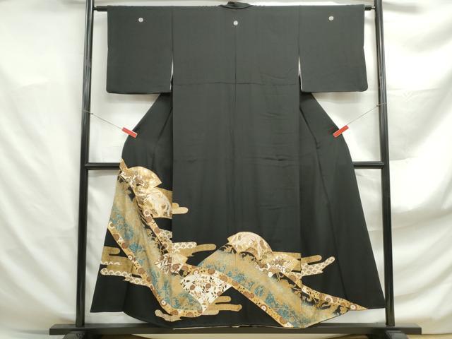 平和屋着物■豪華黒留袖 地紙花鳥文 金銀彩 正絹 逸品 DABF4943qa