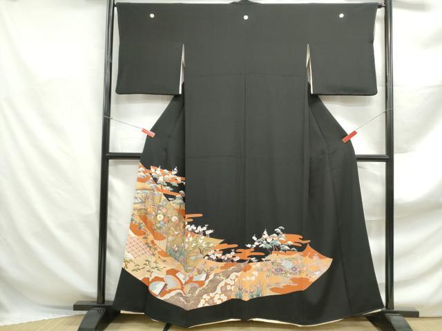 平和屋着物■豪華黒留袖　駒刺繍　風景飛鶴花文　金彩　正絹　逸品　DABF4945qa