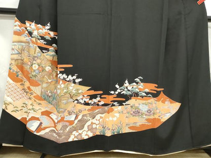 平和屋着物■豪華黒留袖　駒刺繍　風景飛鶴花文　金彩　正絹　逸品　DABF4945qa