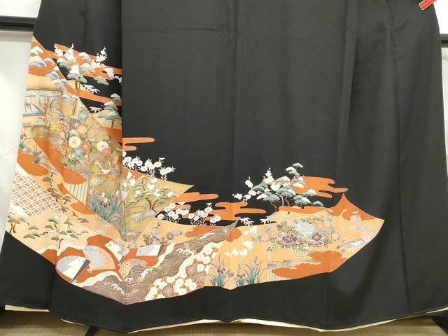 平和屋着物■豪華黒留袖　駒刺繍　風景飛鶴花文　金彩　正絹　逸品　DABF4945qa