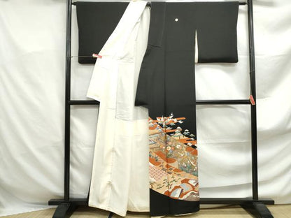平和屋着物■豪華黒留袖　駒刺繍　風景飛鶴花文　金彩　正絹　逸品　DABF4945qa