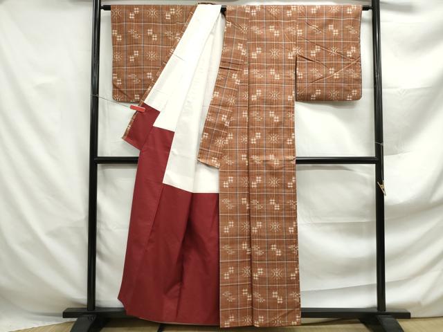 平和屋着物■上質な紬　格子　琉球絣文様　正絹　逸品　DABF4949qa