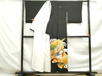 平和屋着物■豪華黒留袖　刺繍　花鳥立波松文　金彩　正絹　逸品　DABF4969qa