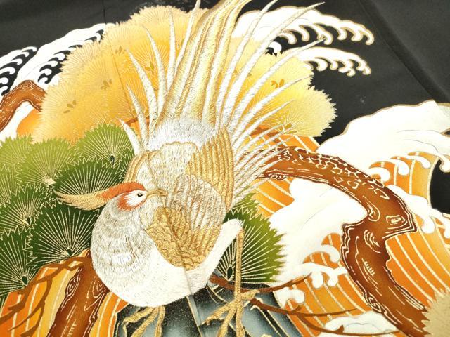 平和屋着物■豪華黒留袖　刺繍　花鳥立波松文　金彩　正絹　逸品　DABF4969qa