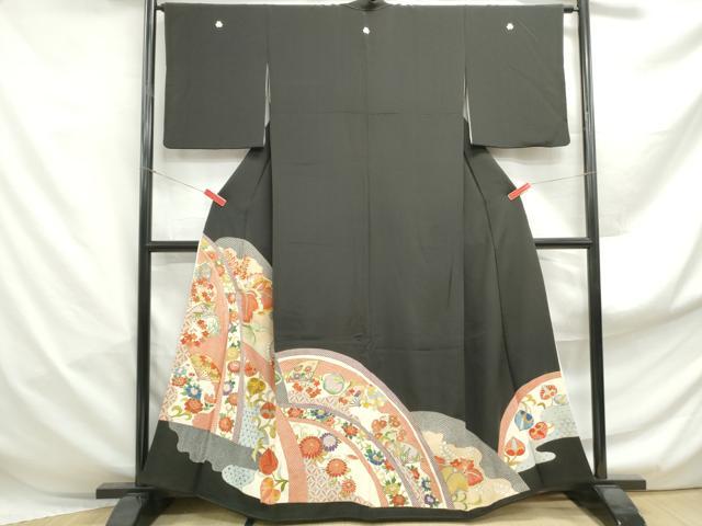 平和屋着物■豪華黒留袖　駒刺繍　扇面花文　金彩　正絹　逸品　DABF4971qa
