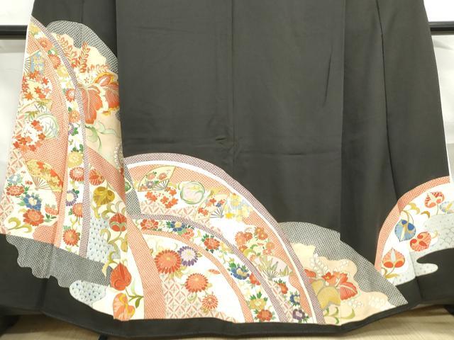 平和屋着物■豪華黒留袖　駒刺繍　扇面花文　金彩　正絹　逸品　DABF4971qa