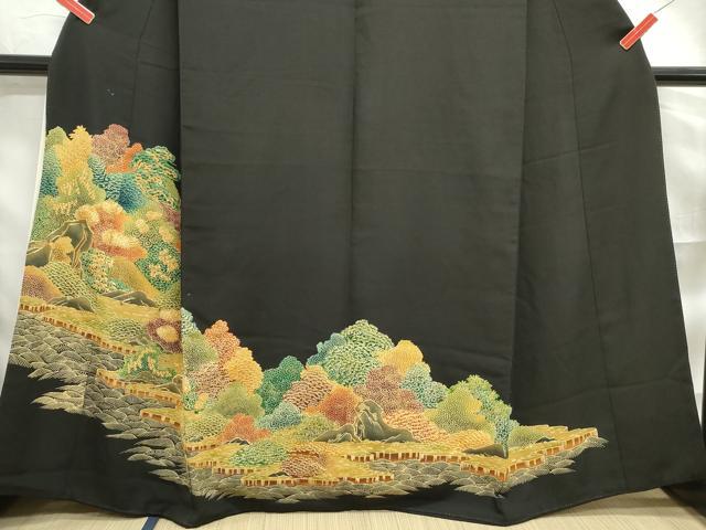 平和屋着物■豪華黒留袖　駒刺繍　立波風景文　正絹　逸品　DABF4984qa