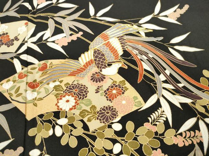 平和屋着物■豪華黒留袖　駒刺繍　地紙鳳凰花文　金彩　正絹　逸品　DABF4993qa