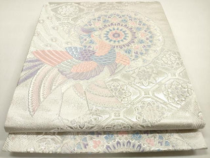 平和屋着物◎六通柄袋帯　唐織　九百錦　孔雀花文　銀糸　正絹　逸品　DABF5011xg