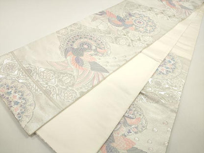 平和屋着物◎六通柄袋帯　唐織　九百錦　孔雀花文　銀糸　正絹　逸品　DABF5011xg