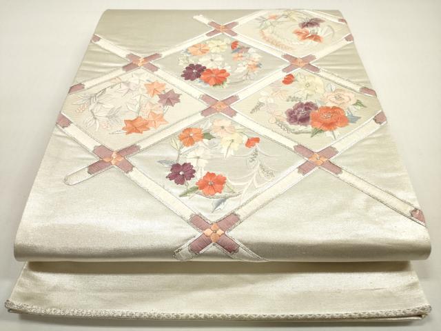 平和屋着物◎太鼓柄袋帯　駒刺繍　総刺繍　天井花丸文　銀糸　正絹　逸品　DABF5024xg