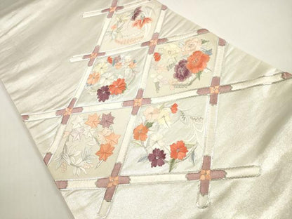平和屋着物◎太鼓柄袋帯　駒刺繍　総刺繍　天井花丸文　銀糸　正絹　逸品　DABF5024xg