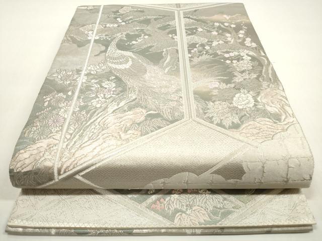 平和屋着物◎六通柄袋帯　屏風孔雀文様　プラチナ箔　手織二重箔　正絹　逸品　DABF5035xg