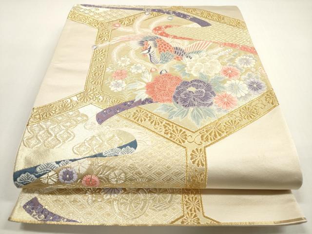 平和屋着物◎六通柄袋帯　唐織　亀甲鳳凰花文　金糸　正絹　逸品　DABF5047xg