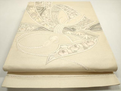 平和屋着物◎太鼓柄袋帯　総刺繍　束ね熨斗鳳凰草花文　銀糸　正絹　逸品　DABF5065xg