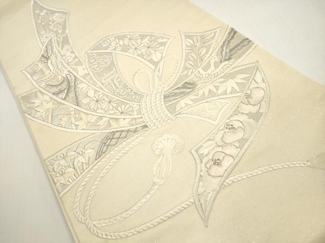 平和屋着物◎太鼓柄袋帯　総刺繍　束ね熨斗鳳凰草花文　銀糸　正絹　逸品　DABF5065xg
