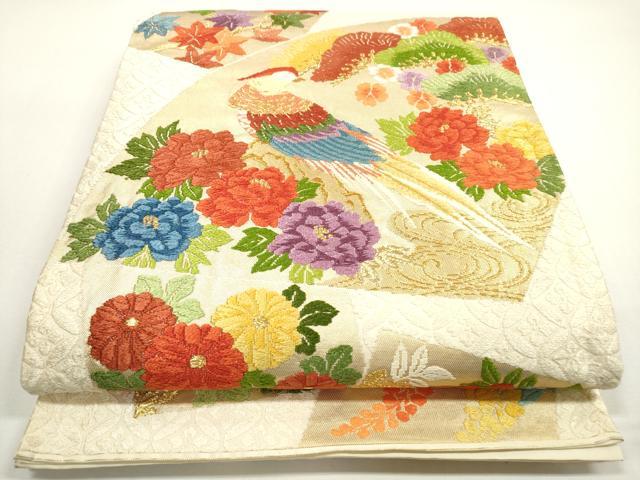 平和屋着物◎六通柄袋帯　唐織　地紙色紙重ね花鳥文　金糸　正絹　逸品　DABF5080xg