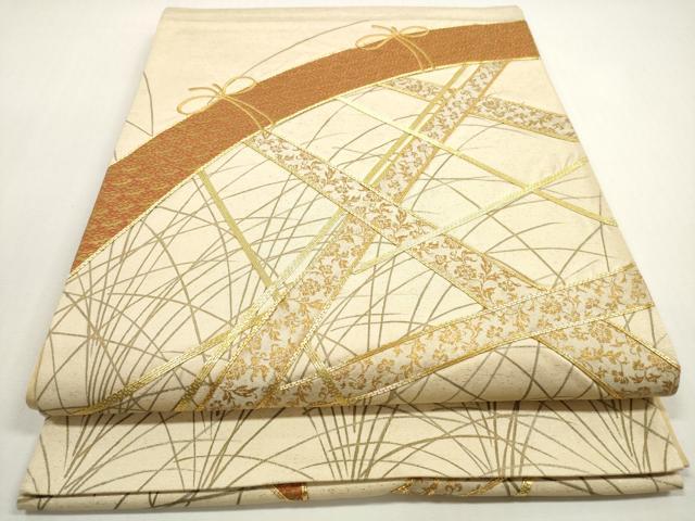 平和屋着物◎太鼓柄袋帯 駒刺繍 籬草花文 金糸 正絹 逸品 DABF5087xg