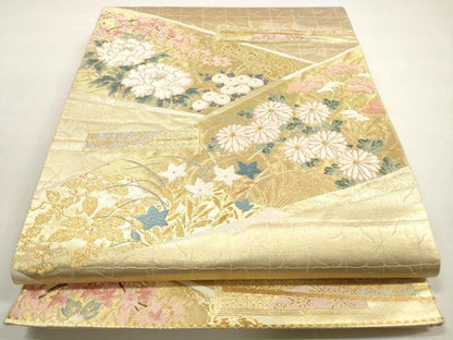 平和屋着物◎六通柄袋帯 唐織 扇子花文 金糸 正絹 逸品 DABF5094xg