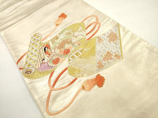 平和屋着物◎太鼓柄袋帯　総刺繍　駒刺繍　絵巻人物風景文　金銀糸　正絹　逸品　DABF5104xg