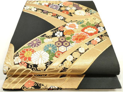 平和屋着物◎六通柄袋帯　唐織　束ね熨斗吉祥花文　黒地　金糸　正絹　逸品　DABF5109xg