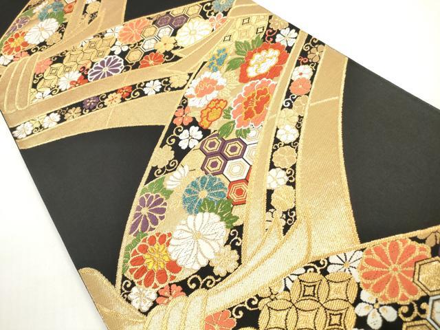 平和屋着物◎六通柄袋帯　唐織　束ね熨斗吉祥花文　黒地　金糸　正絹　逸品　DABF5109xg