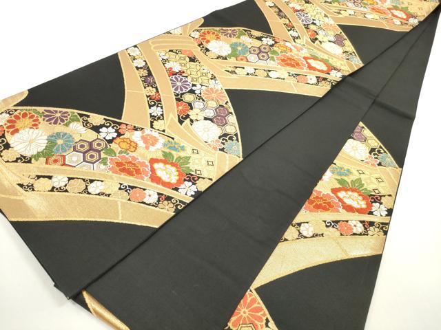 平和屋着物◎六通柄袋帯　唐織　束ね熨斗吉祥花文　黒地　金糸　正絹　逸品　DABF5109xg