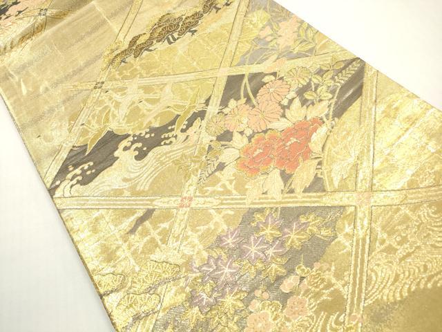 平和屋着物◎佐賀錦　両面　六通柄袋帯　天井飛鶴草花文　金糸　正絹　逸品　DABF5114xg